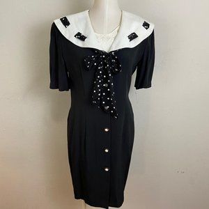 Vintage 80s Navy Blue Marine Look Dress Chiffon Ribbon Polka Dots